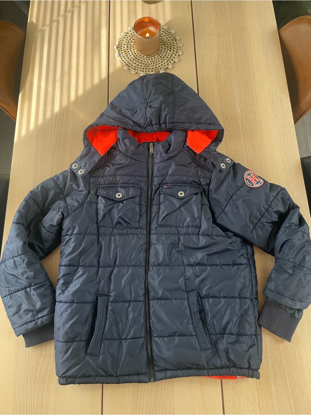 Tommy Hilfiger Kids winter coat xl Hooded Puffer Jacket kids- Navy with Orange